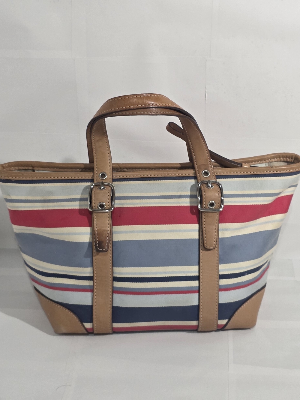 Coach Striped Canvas Tote in Red, Blue, Cream & Tan